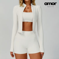 Bilie Ribbed Fabric 3pcs Short Set - Beige