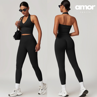 Hela Seamless Backless Vest Top Legging Set - Black