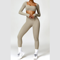 Stylish Long-Sleeve Top Skinny Scrunched Legging Set - Cement