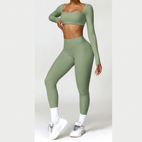 Conjunto de top de manga larga y leggings ajustados fruncidos - Verde