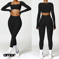 Stylish Long-Sleeve Top Skinny Scrunched Legging Set - Black