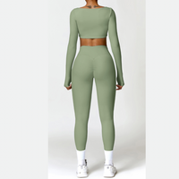 Conjunto de top de manga larga y leggings ajustados fruncidos - Verde