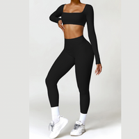 Stylish Long-Sleeve Top Skinny Scrunched Legging Set - Black