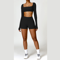 Stylish Long-Sleeve Top Scrunched Short Set - Black