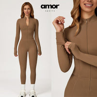 Sculpting Fleece Long-Sleeve Jumpsuit - Brown