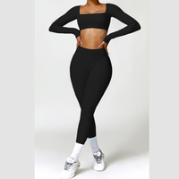 Stylish Long-Sleeve Top Skinny Scrunched Legging Set - Black