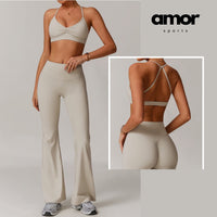 ELINA Comfy Sports Bra Flared Legging Set - Beige
