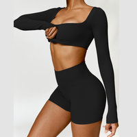 Stylish Long-Sleeve Top Scrunched Short Set - Black