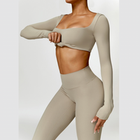 Stylish Long-Sleeve Top Skinny Scrunched Legging Set - Cement