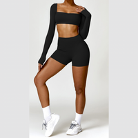 Stylish Long-Sleeve Top Scrunched Short Set - Black