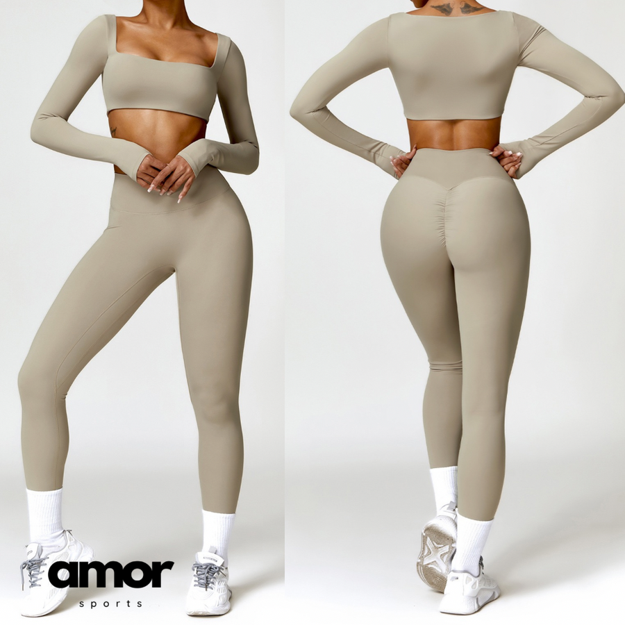 Stylish Long-Sleeve Top Skinny Scrunched Legging Set - Cement