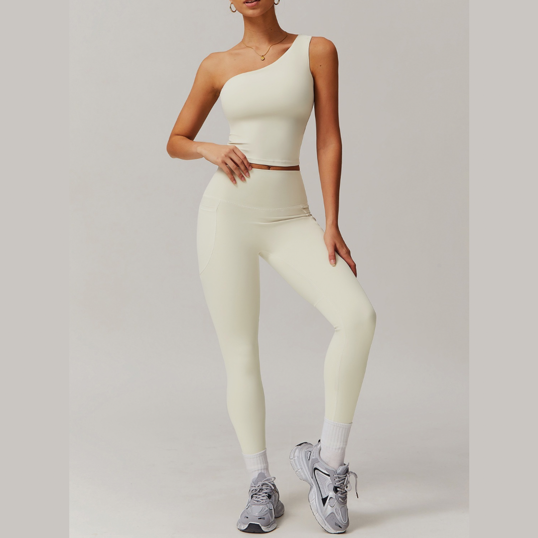 NANA Single Shoulder Top Legging Set - Beige