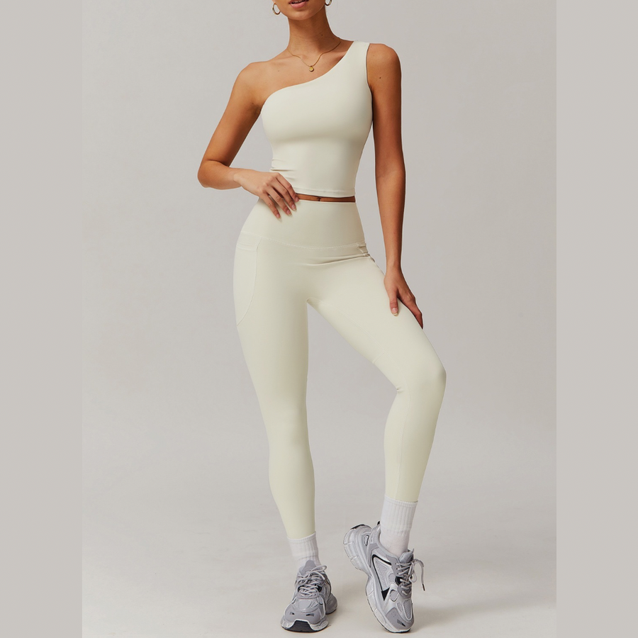 NANA Single Shoulder Top Legging Set - Beige