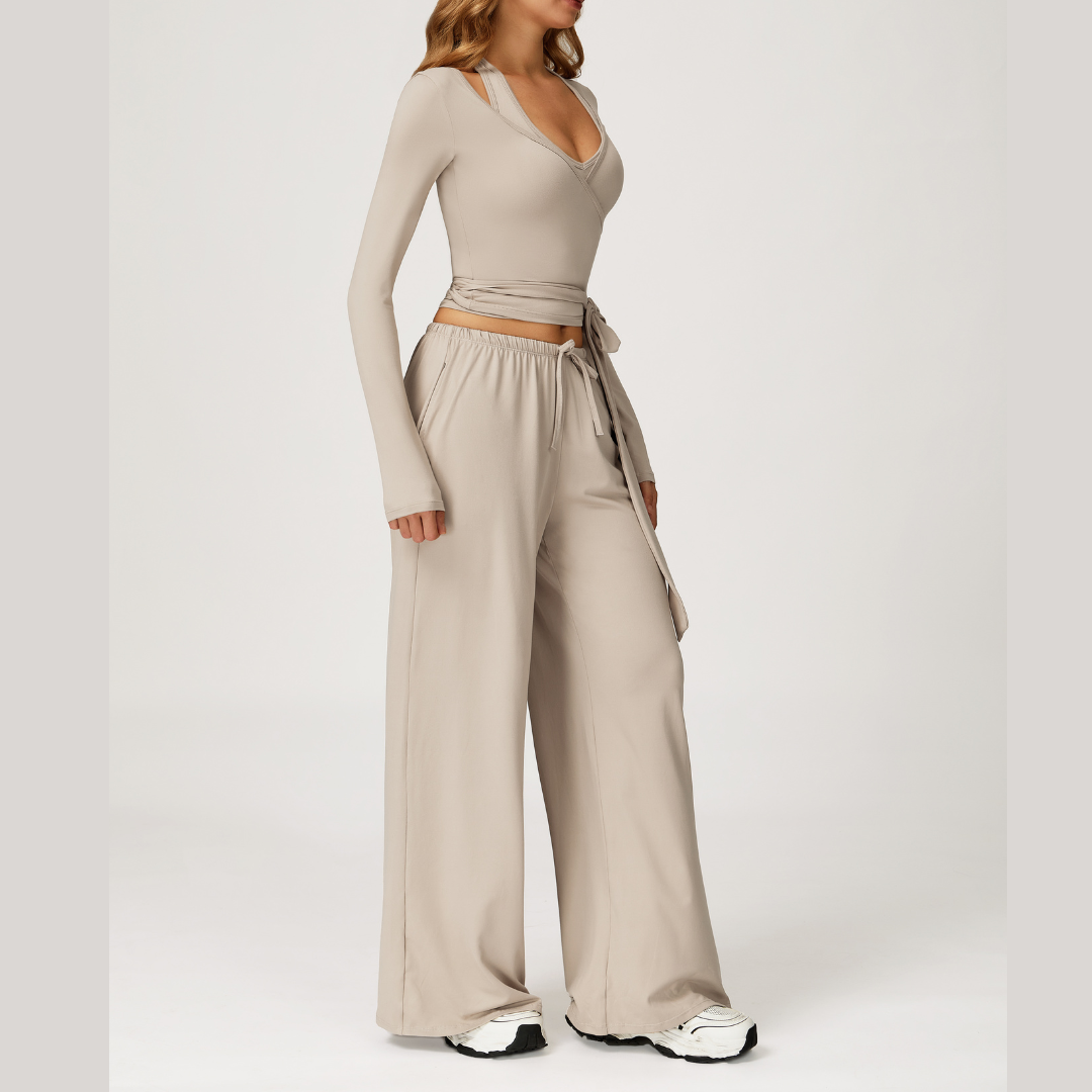 Aspasia Vest Top Flared Legging Set - Beige