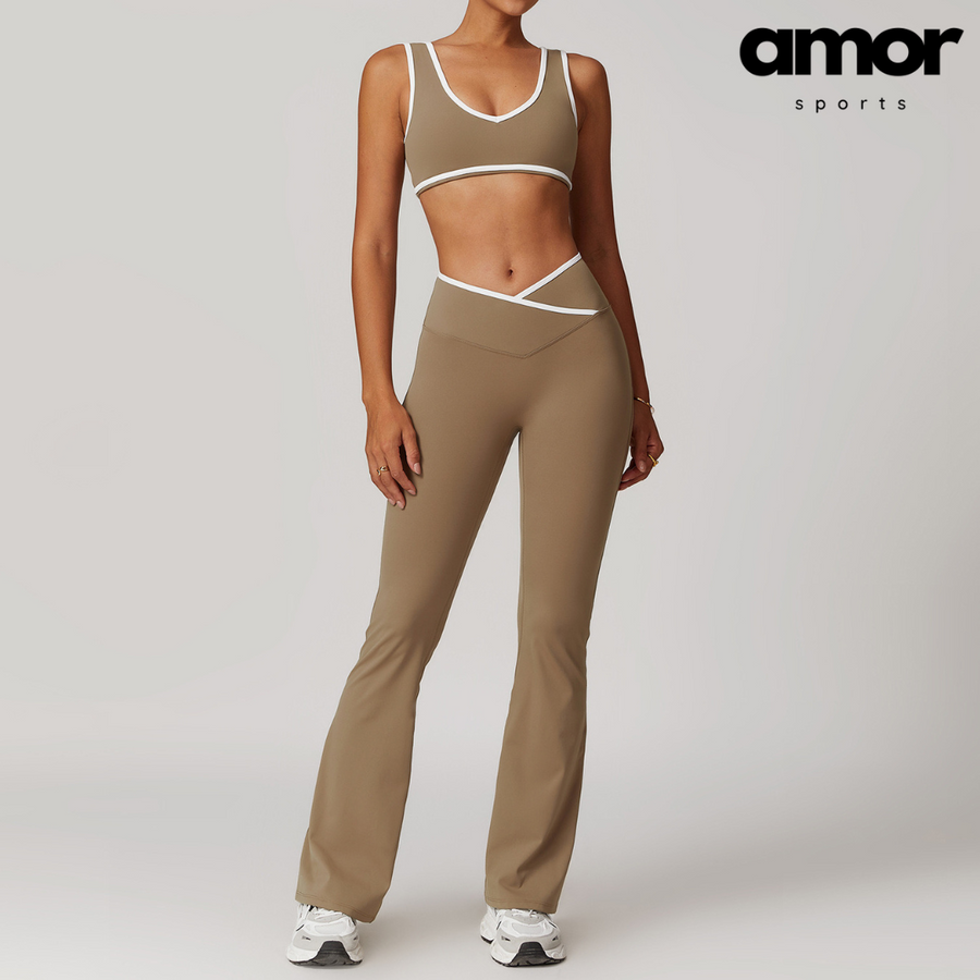 QUEENI Stylish Flared Legging Set - Brown