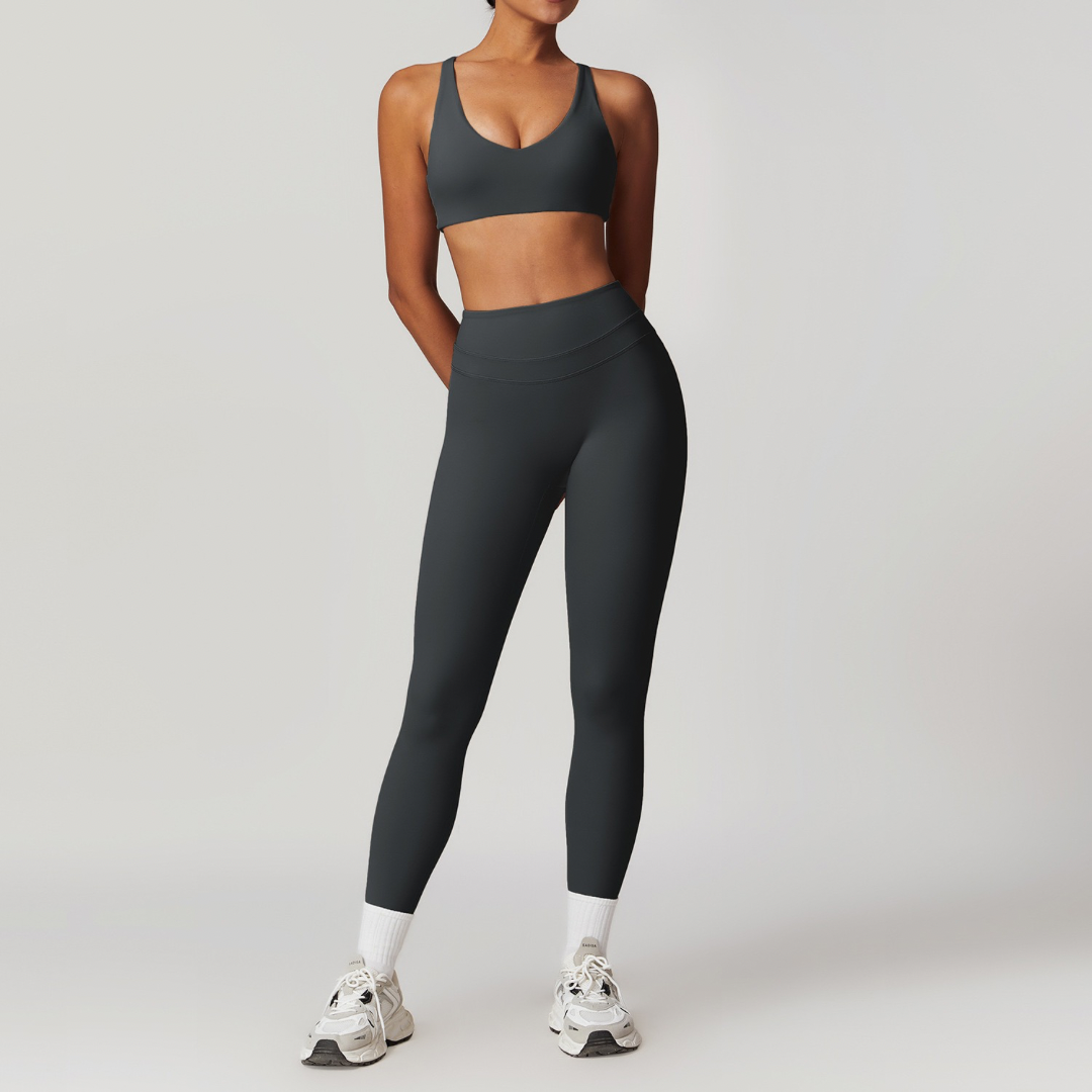 STELLA X-Back Crop Top Legging Set - Dark Grey
