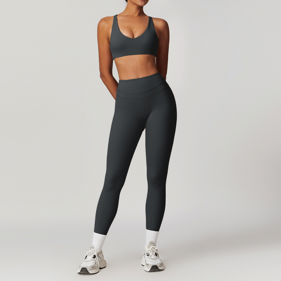 STELLA X-Back Crop Top Legging Set - Dark Grey