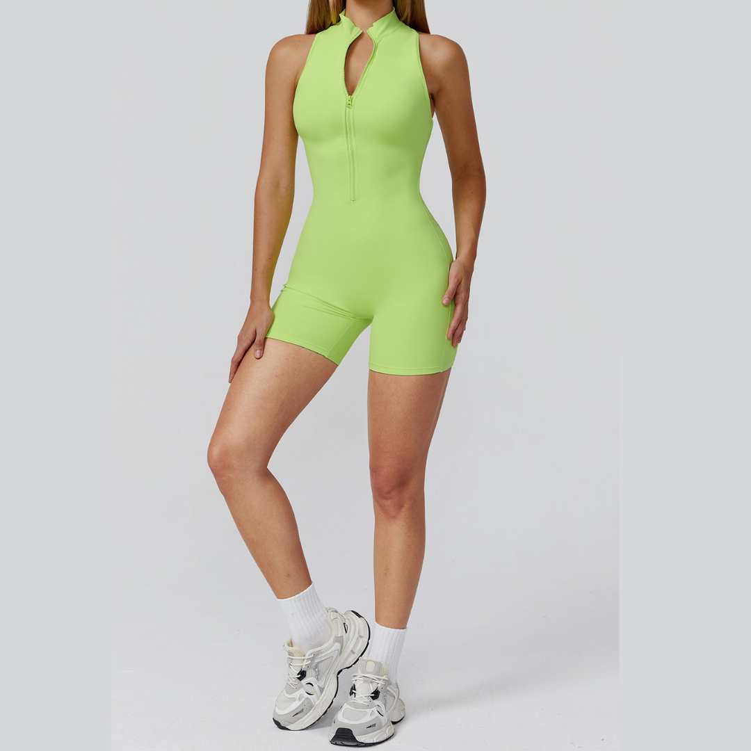 Stylish Zipper Scrunched Romper - Green