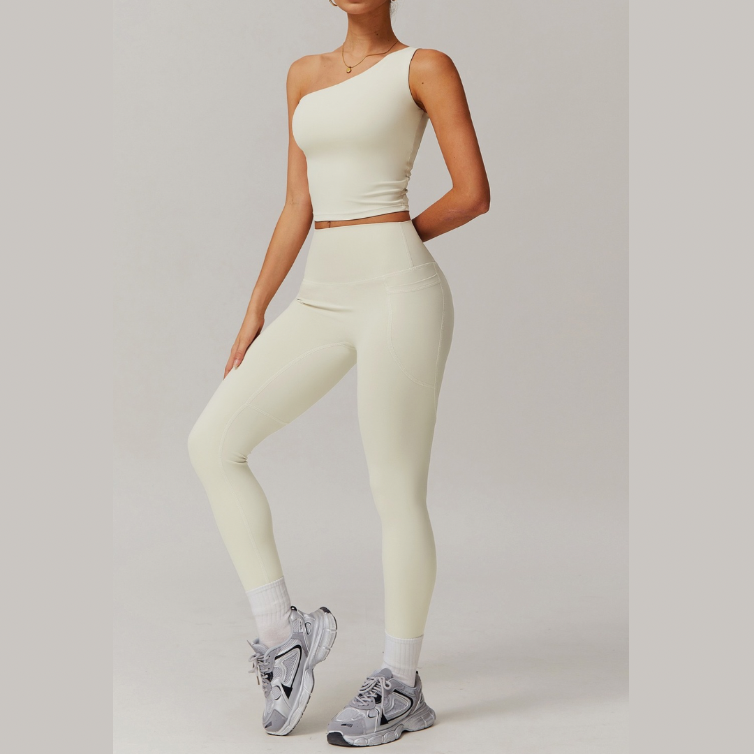 NANA Single Shoulder Top Legging Set - Beige