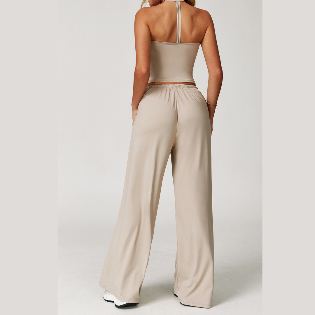Aspasia Vest Top Flared Legging Set - Beige