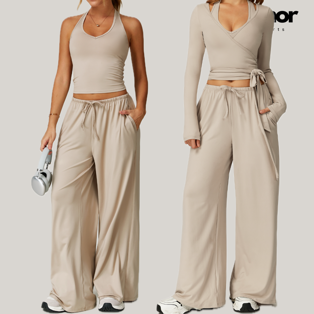 Aspasia Vest Top Flared Legging Set - Beige