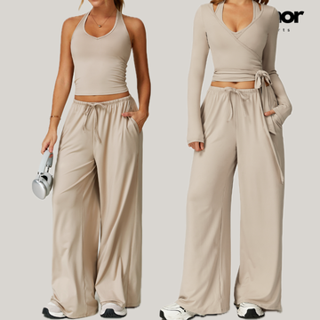 Aspasia Vest Top Flared Legging Set - Beige