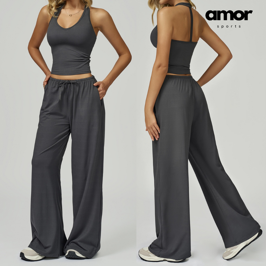 Aspasia Vest Top Flared Legging Set - Grey