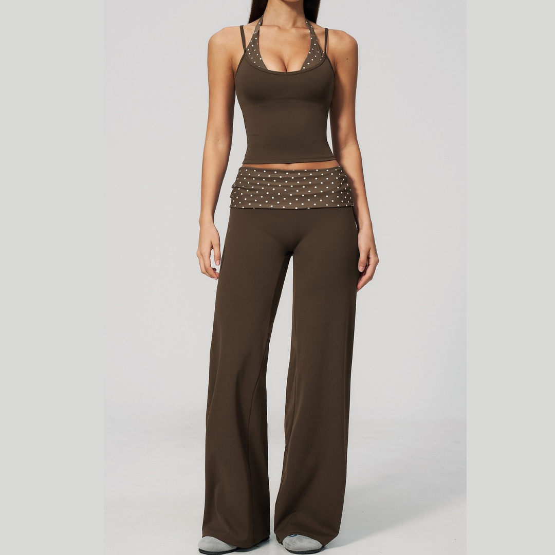 ENA Polka Dot Flared Legging Set - Brown