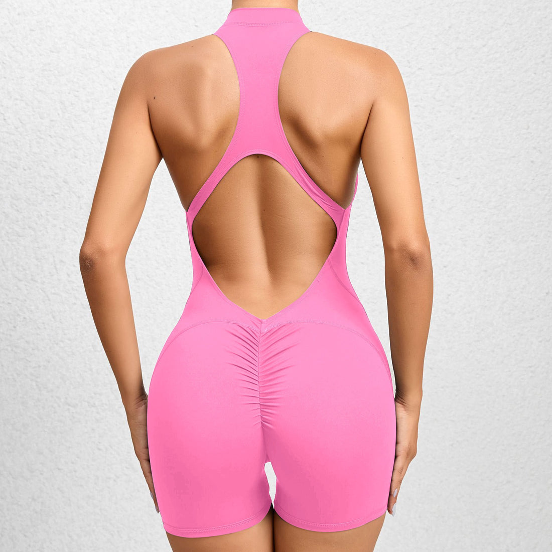 Stylish Zipper Scrunched Romper - Pink