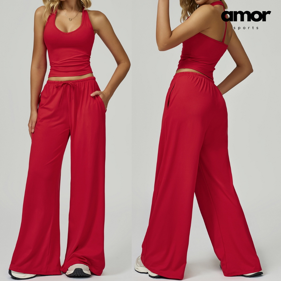 Aspasia Vest Top Flared Legging Set - Red