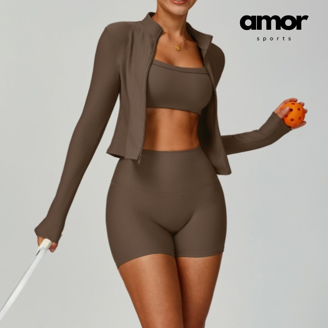 Bilie Ribbed Fabric 3pcs Short Set - Brown