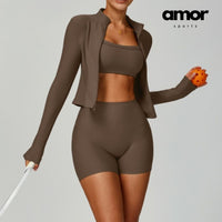 Bilie Ribbed Fabric 3pcs Short Set - Brown