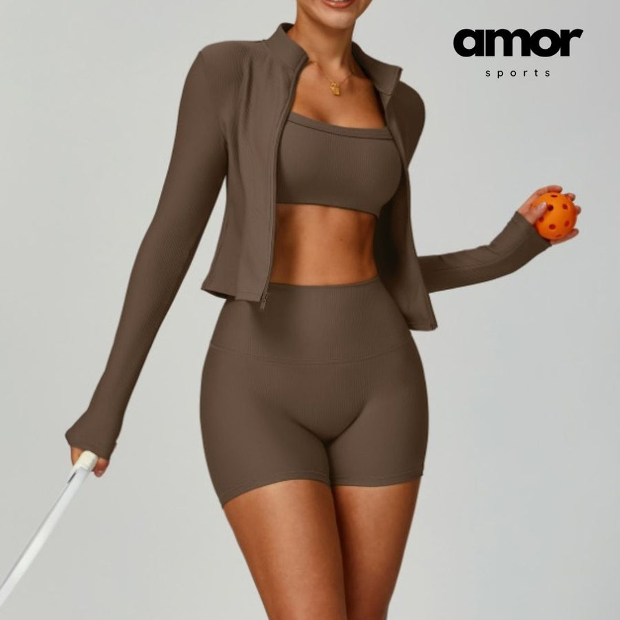 Bilie Ribbed Fabric 3pcs Short Set - Brown