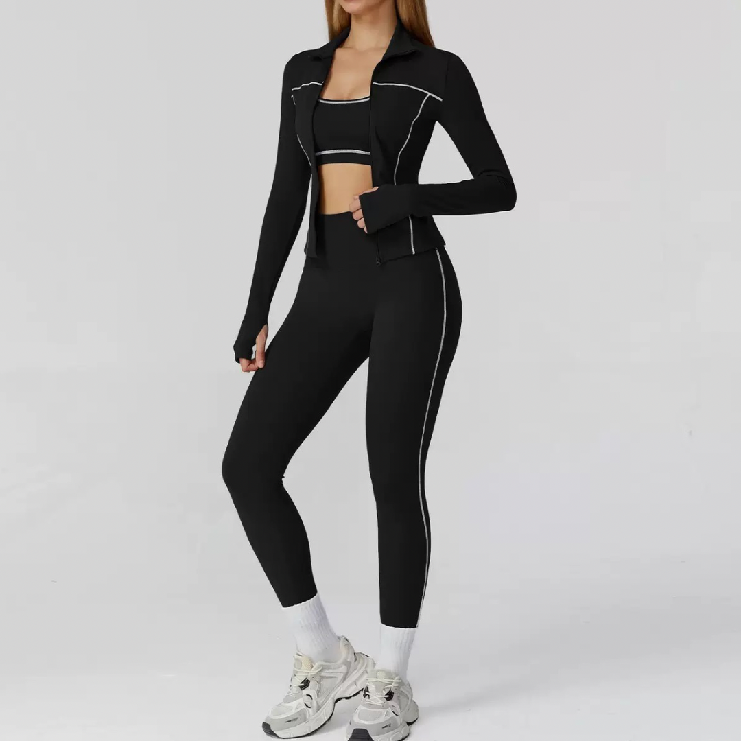 Sporty Chic 3pcs Jacket Legging Set - Black