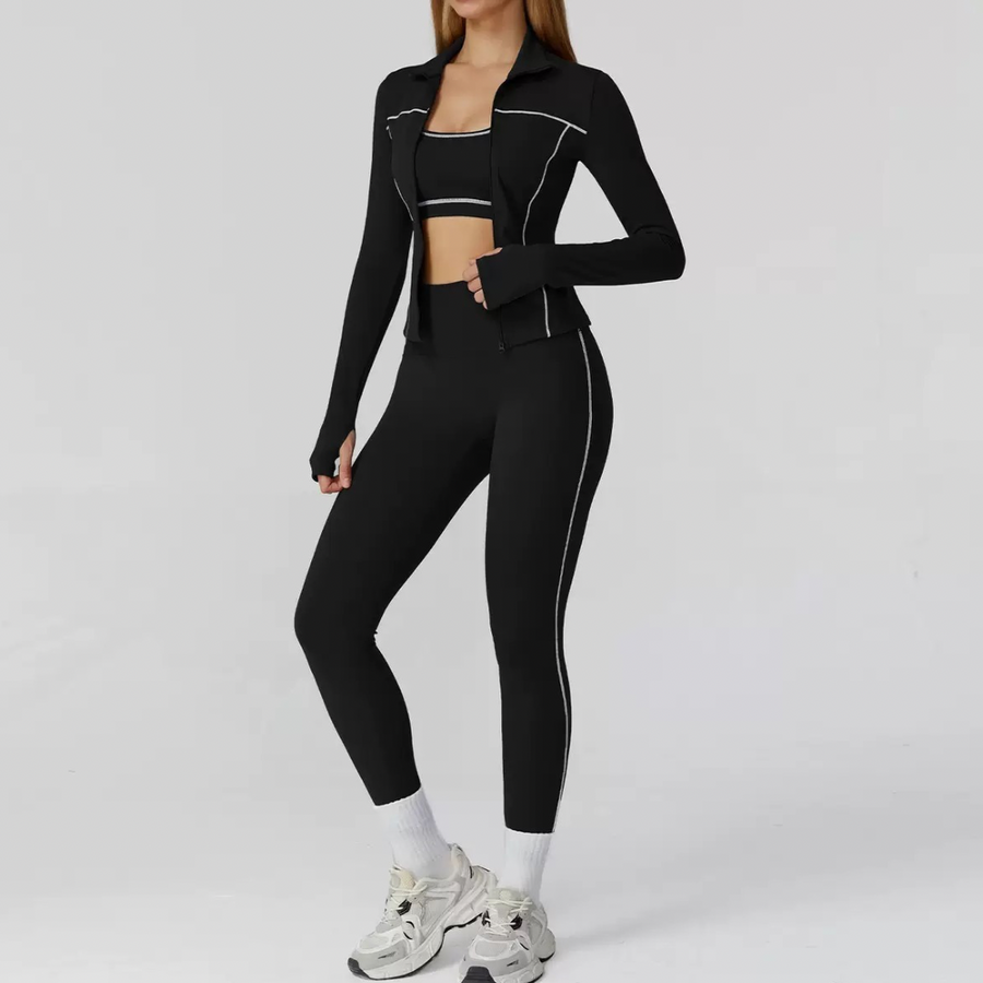 Sporty Chic 3pcs Jacket Legging Set - Black