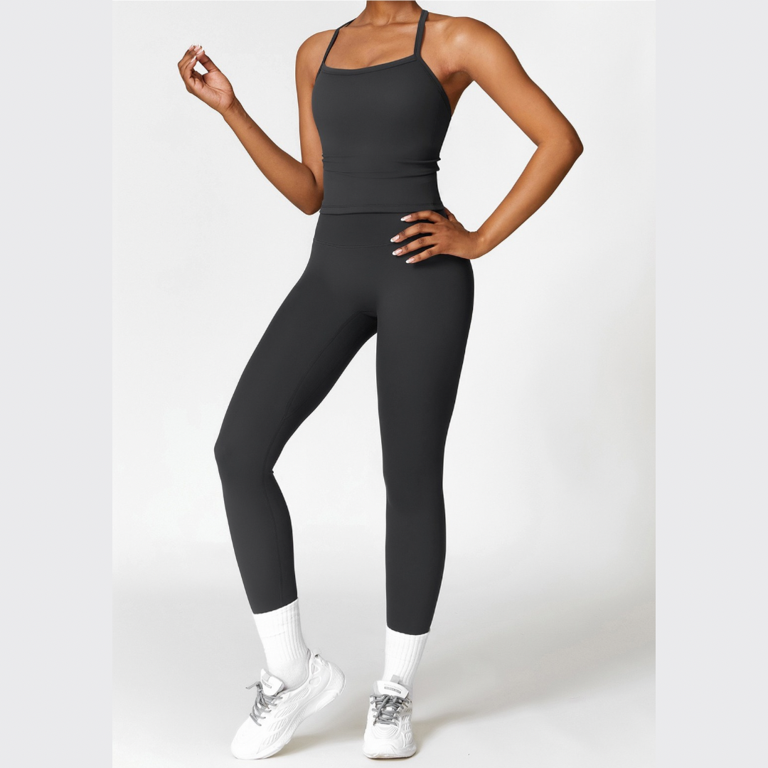 CHRISTIA Cross Back Vest Top Legging Set - Black