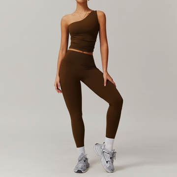 NANA Single Shoulder Top Legging Set - Coffee