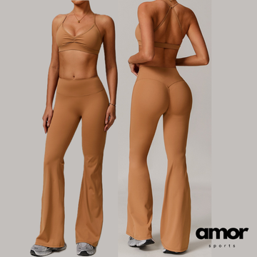 ELINA Comfy Sports Bra Flared Legging Set - Caramel