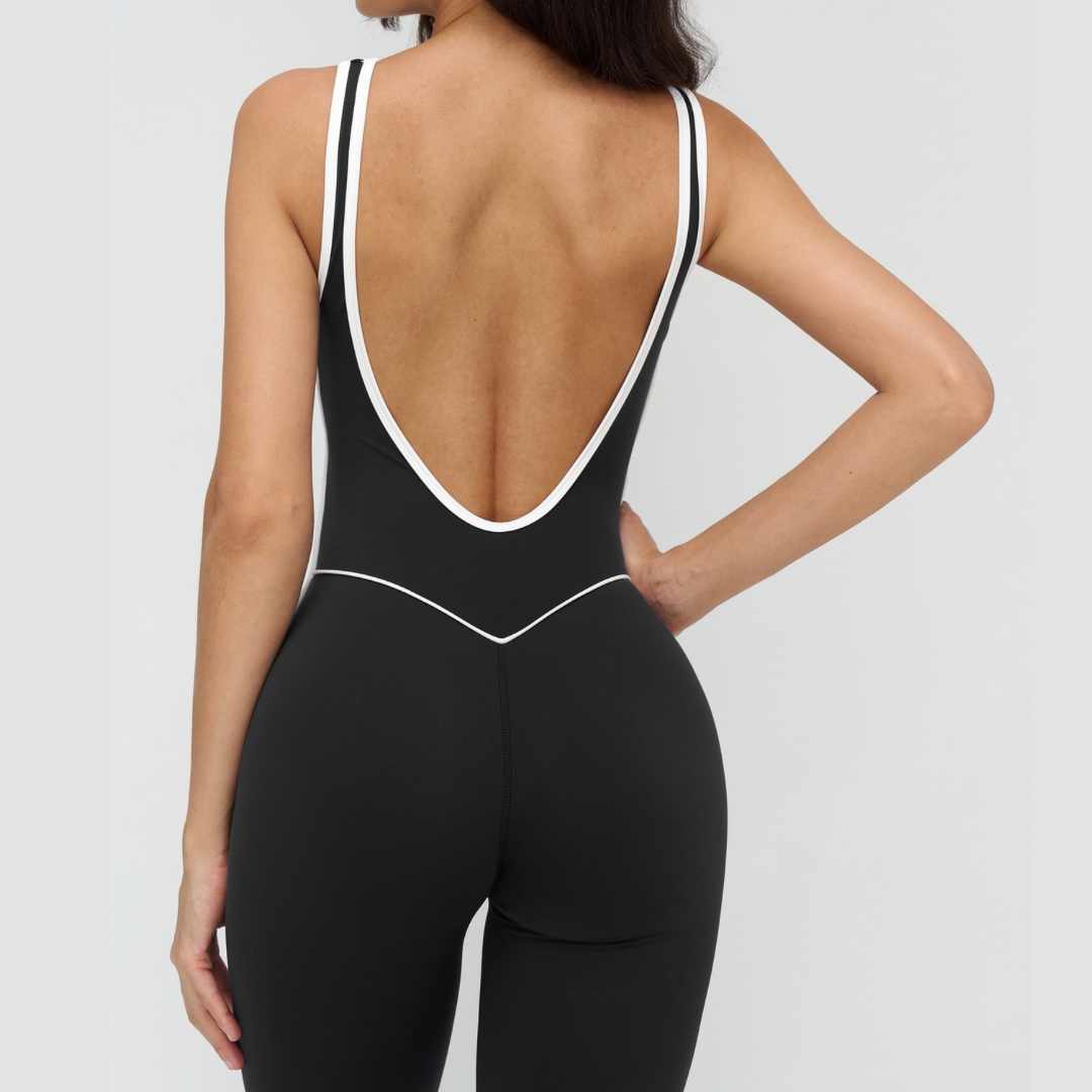 Celin Stylish Back Deep-V Jumpsuit - Black