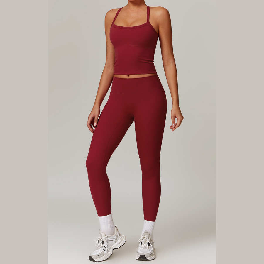 CHRISTIA Cross Back Vest Top Legging Set - Cherry