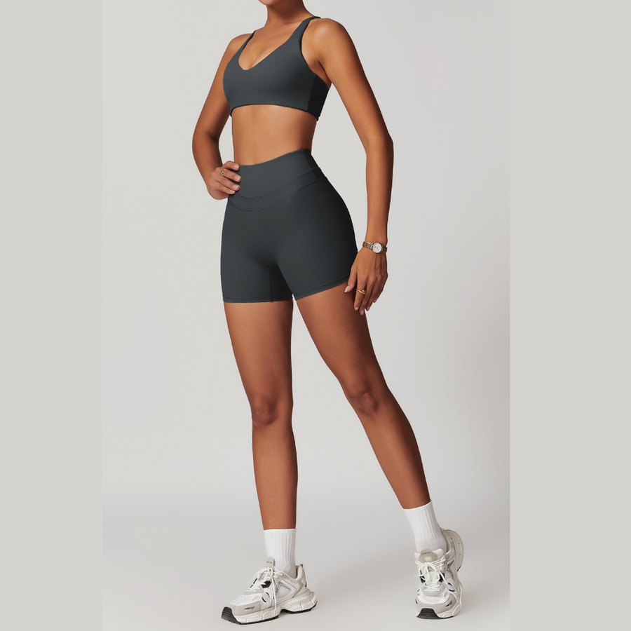 STELLA X-Back Crop Top Short Set - Dark Grey
