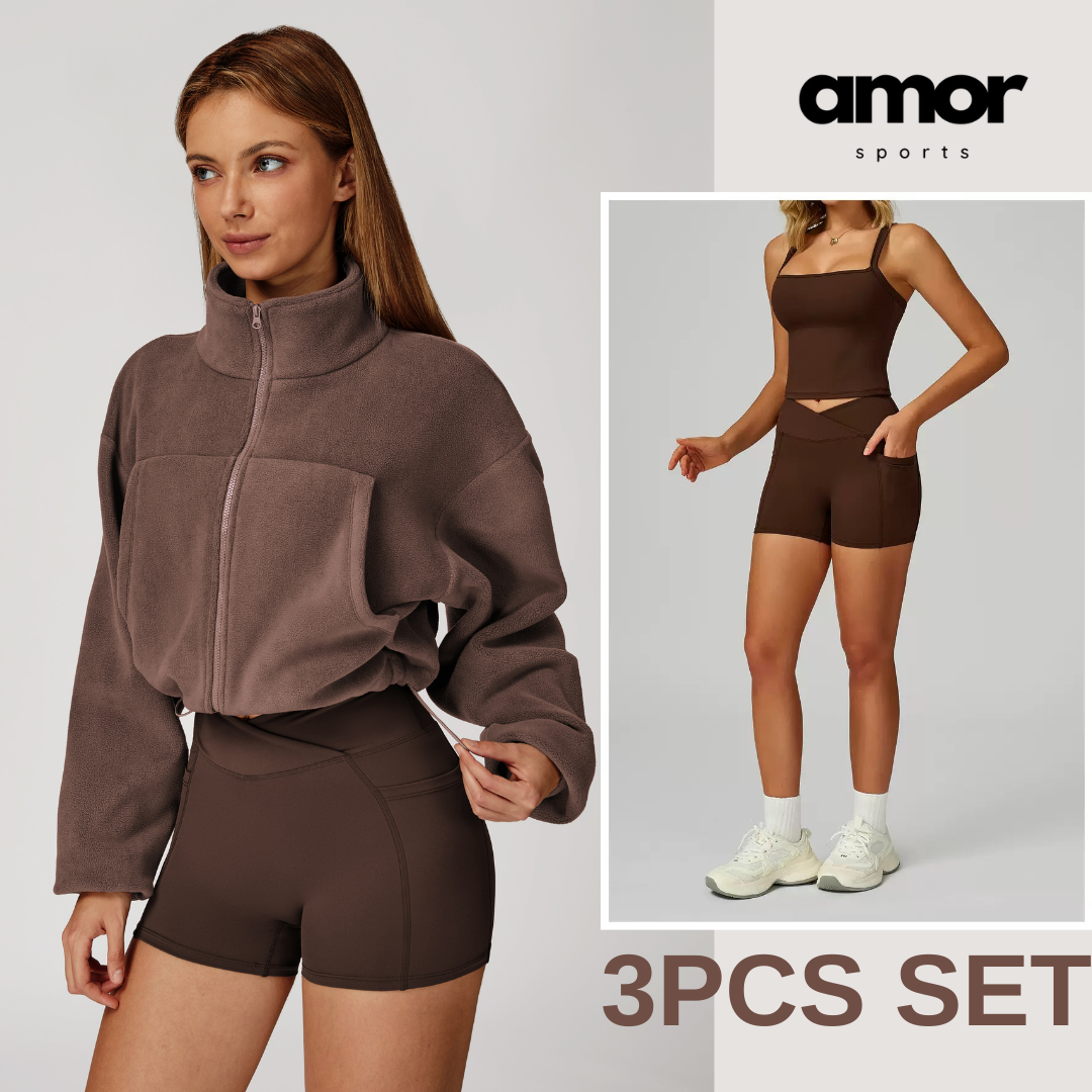 3pcs Coral Fleece Jumper Active Set - Brown