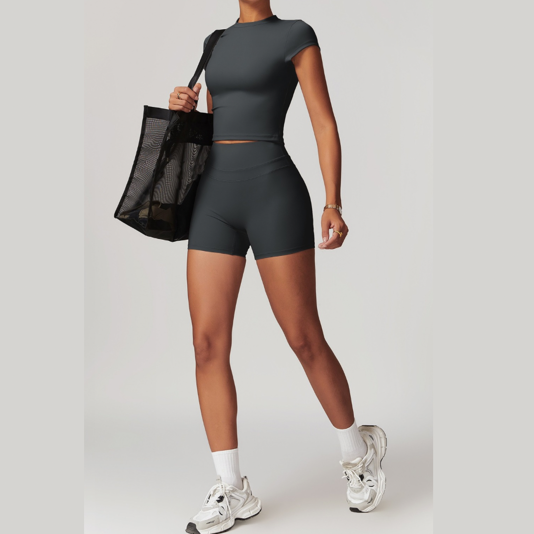 STELLA Short Sleeve Short Set - Dark Grey