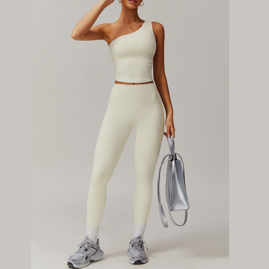 NANA Single Shoulder Top Legging Set - Beige