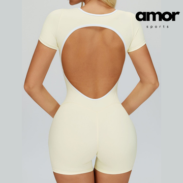 Nina Open-Back Short Sleeve Sport Romper - Cream