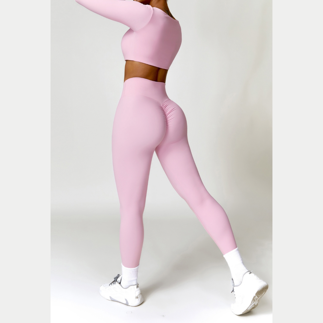 Stylish Long-Sleeve Top Skinny Scrunched Legging Set - Pink
