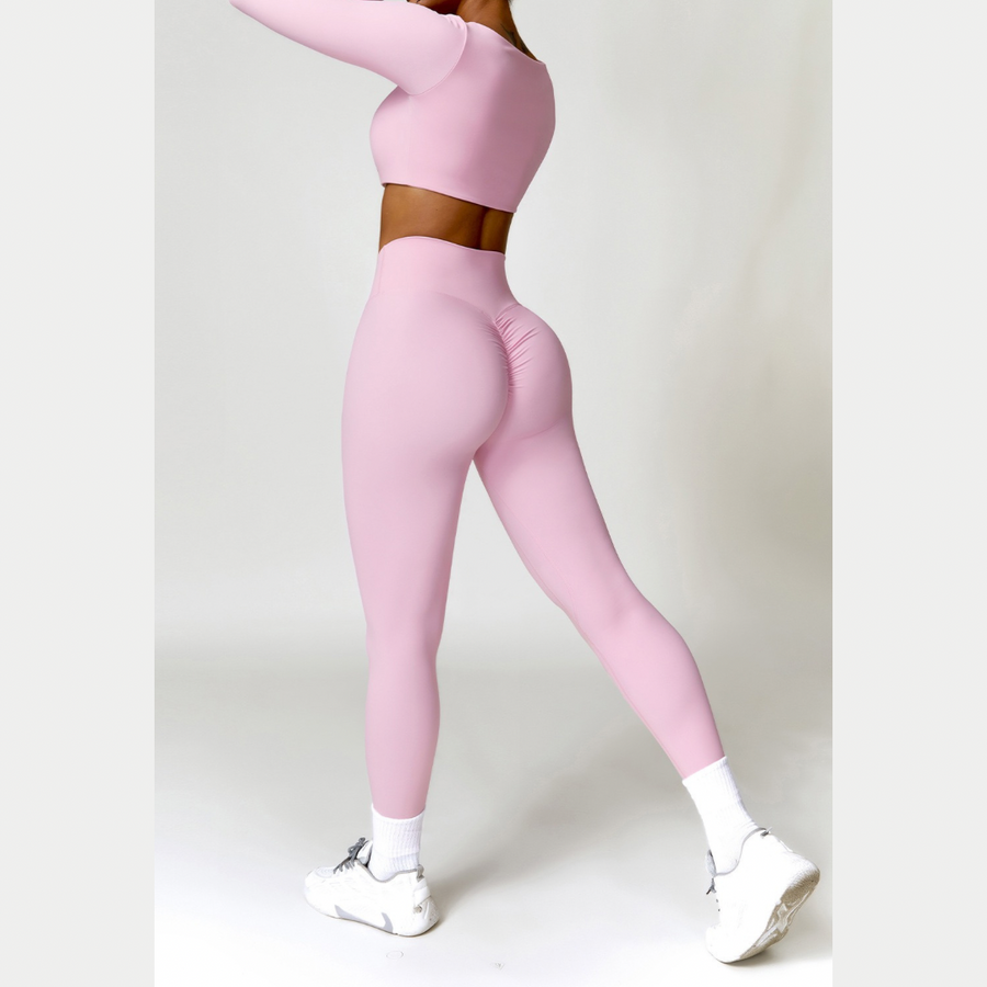 Stylish Long-Sleeve Top Skinny Scrunched Legging Set - Pink