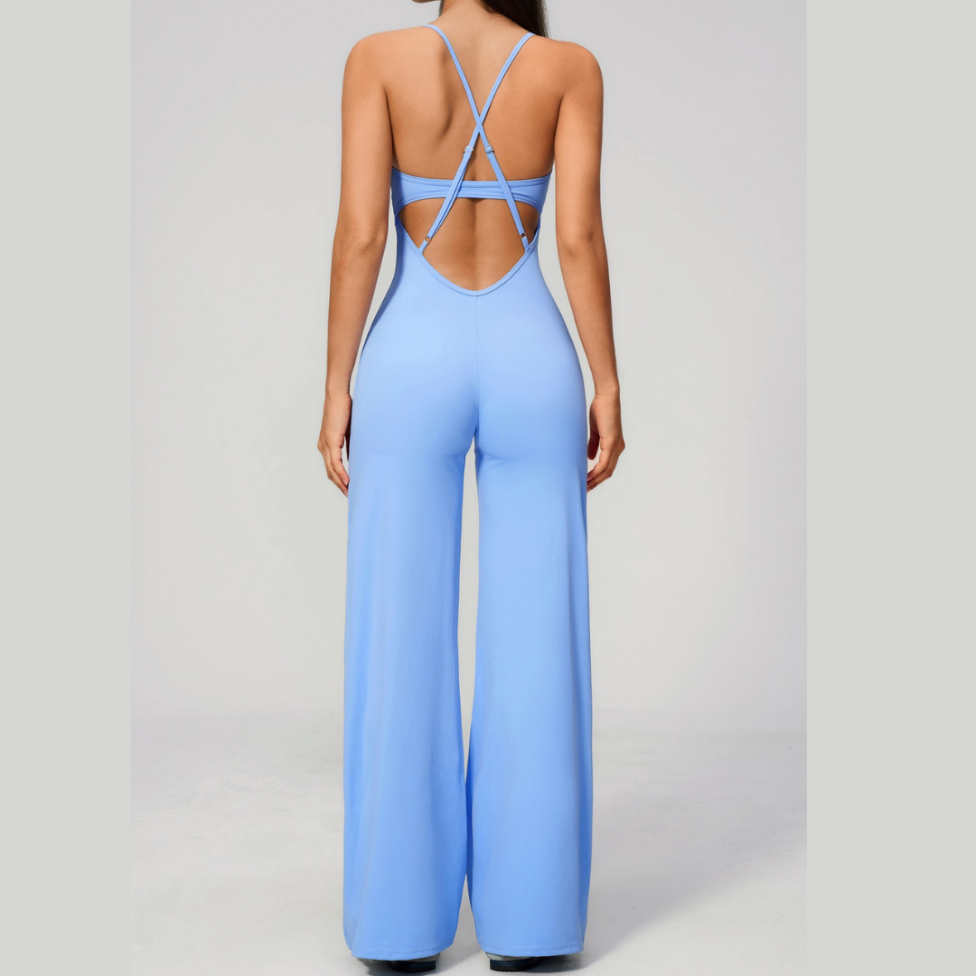 BOLIVIA Cross Back Flared Jumpsuit - Blue Bell