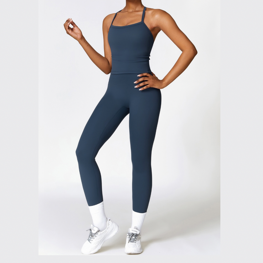 CHRISTIA Cross Back Vest Top Legging Set - Navy