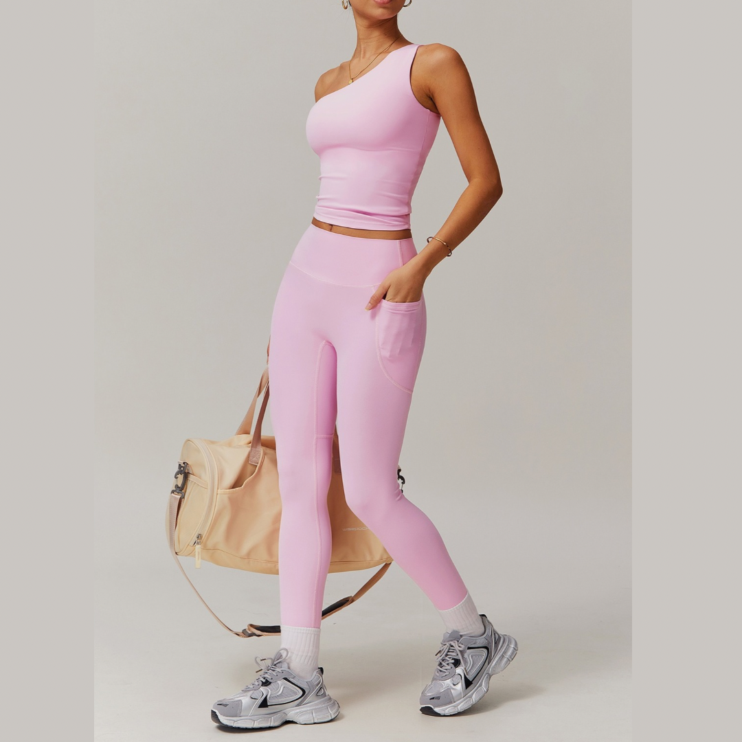 NANA Single Shoulder Top Legging Set - Pink